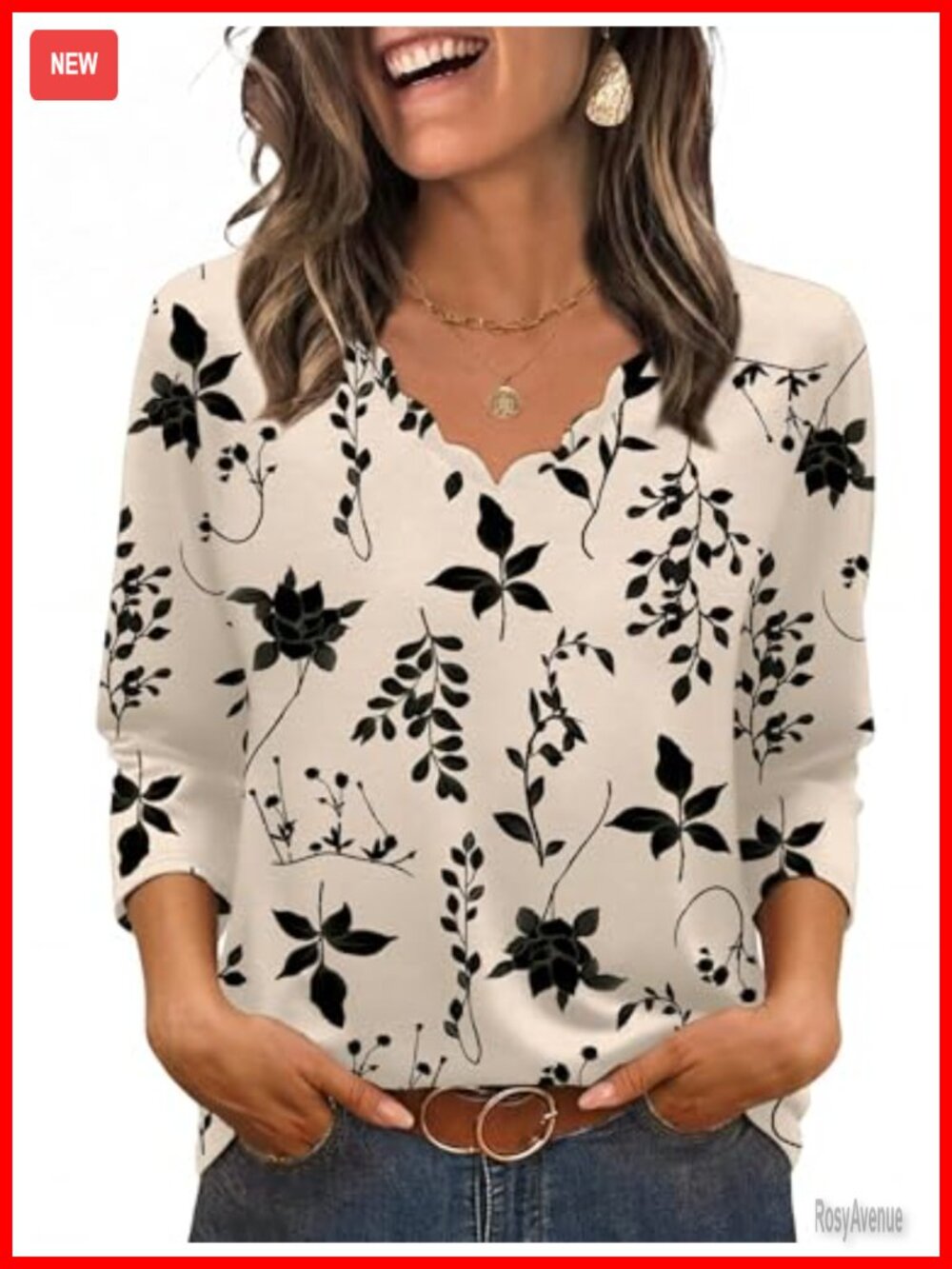 3/4 Sleeve V-Neck Blouse Scalloped Neckline Curved Hem Summer Fall